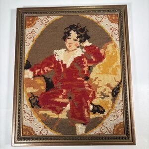 Vintage Framed Needlepoint Art Colonial Gentleman Portrait Hand Stitched Decor